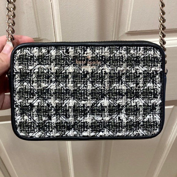 Kate Spade Black Natalia Double Zip Tweed Crossbody Purse Bag - Picture 2 of 16